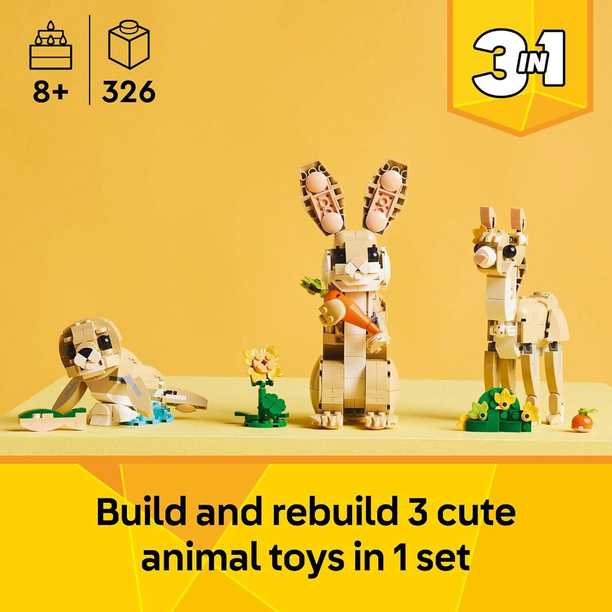 LEGO Creator 3 in 1 Cute Bunny Toy Building Set, 326-piece, 8+, 31162