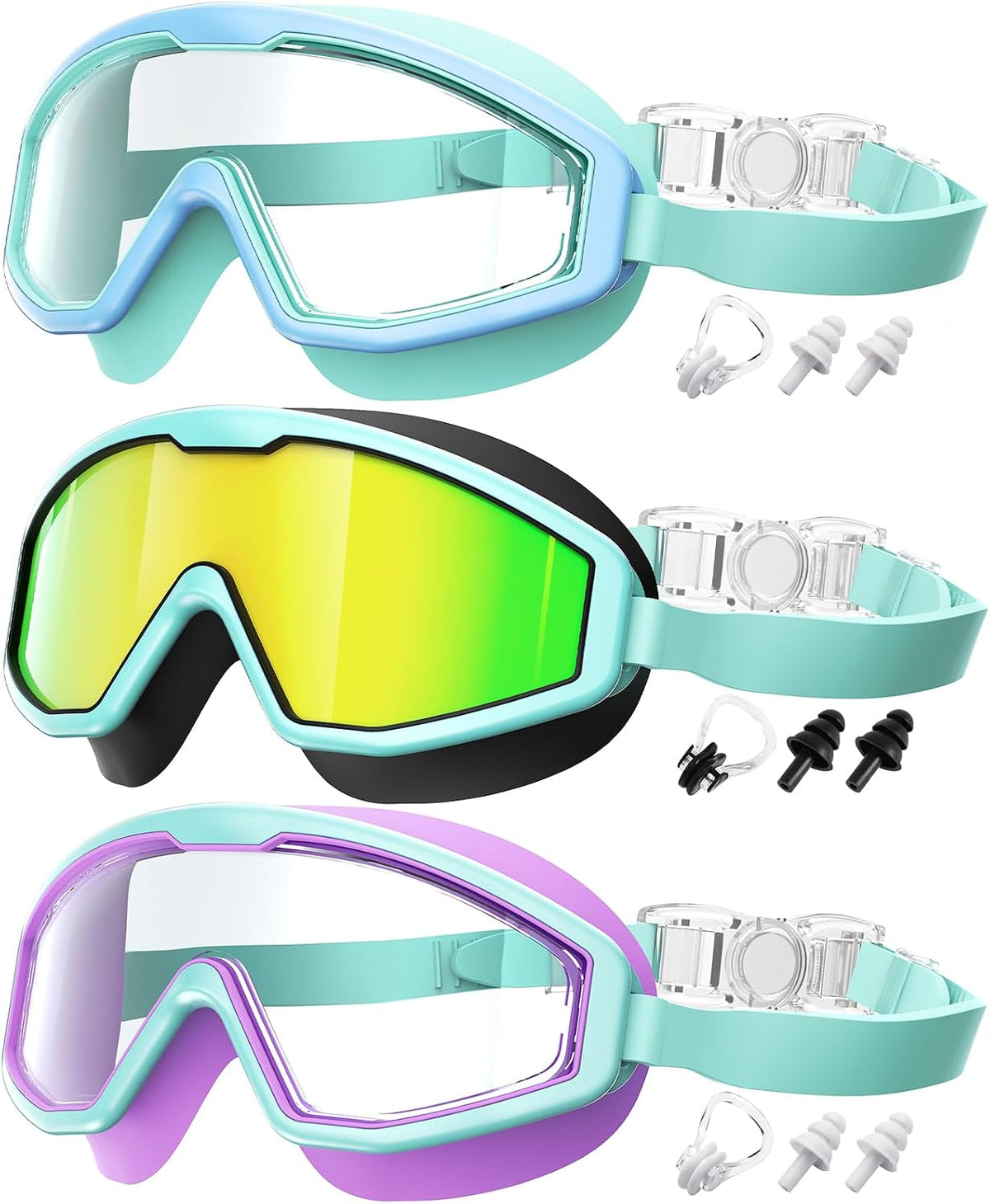 Kids Goggles Age 4-16, Anti-Fog UV 180°Clear View Kids Swim Goggles, 3 Pack Swimming Goggles Waterproof Pool Goggles