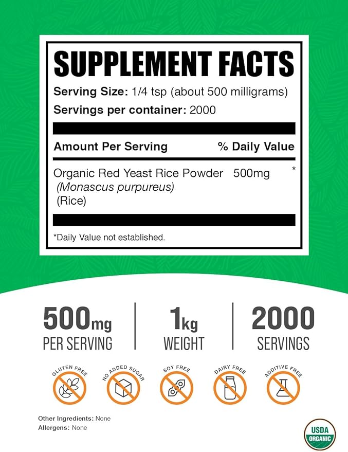 BulkSupplements.com Organic Red Yeast Rice Powder - Red Yeast Rice Supplement, for Heart Health - Vegan-Friendly, 500mg per Serving, 1kg (2.2 lbs) (Pack of 1)