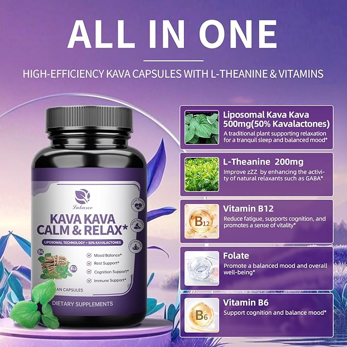 Kava Kava Root Extract Supplement - Liposomal Kava Capsules with L Theanine 200mg, 50% Kavalactones, Relax Calming Kava Extract, Vitamin B6, B12 - for Sleep, Mood, Cognitive & Immune Support, 60CT