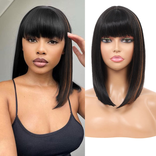 Kalyss Bob Short Synthetic Hair Wig For Black Women Heat Resistant With Hair Bangs (Black With Medium Auburn Brown Strips)