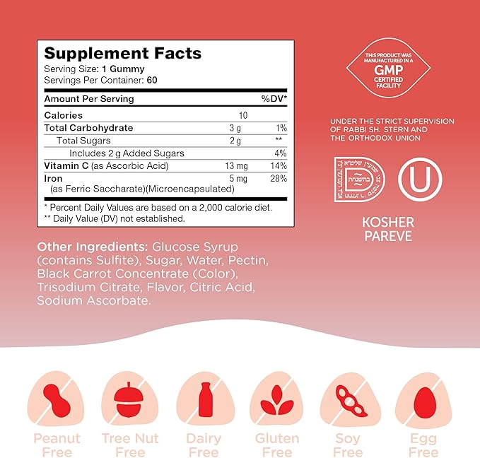 Zahler Iron Gummies with Vitamin C - for Women, Men & Kids - Best Chewable Easy to Digest Kosher Iron Supplement for Kids & Adults - 60 Count