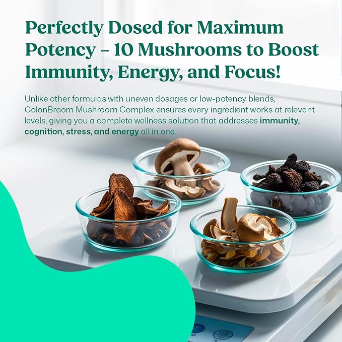 ColonBroom Psyllium Husk Powder (Strawberry, 50 Servings) + Mushroom Complex, Powerful Mushroom Blend with Cordyceps, Reishi, Shiitake, Lion’s Mane Extract for Energy, Immunity (60 Capsules)
