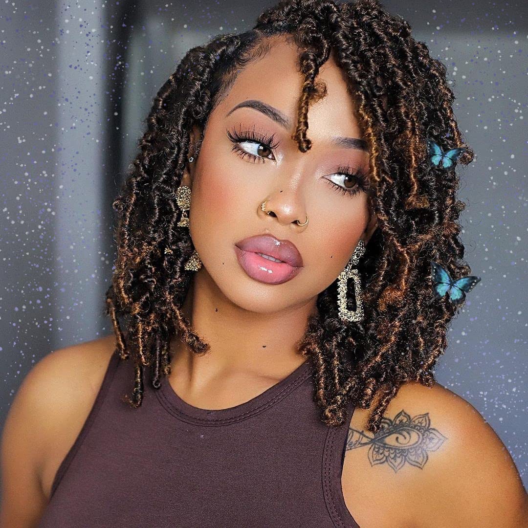 Toyotress Butterfly Locs Crochet Hair - 8 Inch 8 Pcs Ombre Brown Faux Locs Short Bob Pre-Twisted Distressed Crochet Braids Pre-L