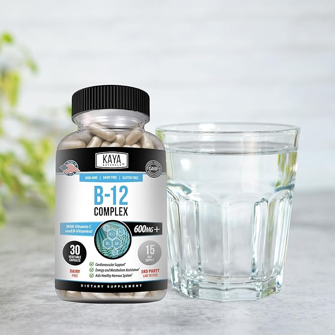 Kaya Naturals B-12 Complex | Multivitamin Supplement for Women & Men Energy and Metabolism Booster | B-Complex Vitamin with Biotin, Choline, Inositol, Folate, and Vitamin C - 30 Capsules