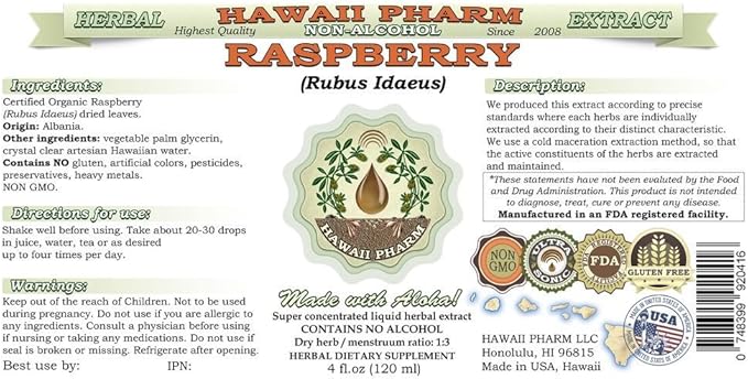 Raspberry Alcohol-Free Liquid Extract, Organic Raspberry (Rubus idaeus) Dried Leaf Glycerite Natural Herbal Supplement, Hawaii Pharm, USA 2x2 fl.oz