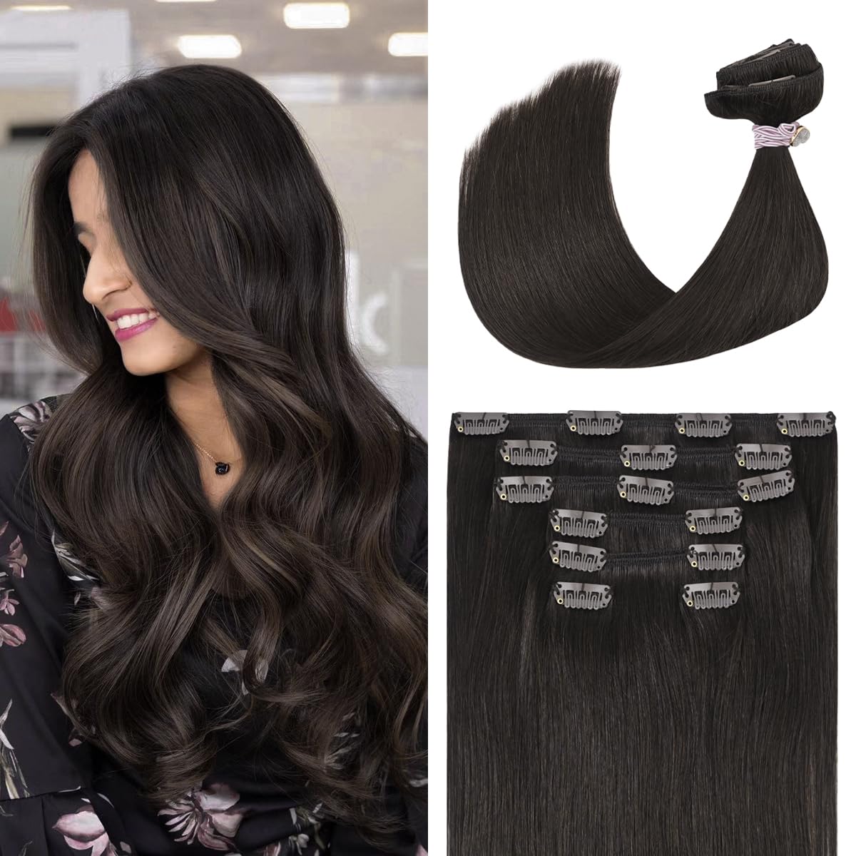 Ugotrays Dark Brown Clip In Hair Extensions Real Human Hair 70G 18 Inches 100% Remy Human Hair Clip In Extensions Straight Doubl