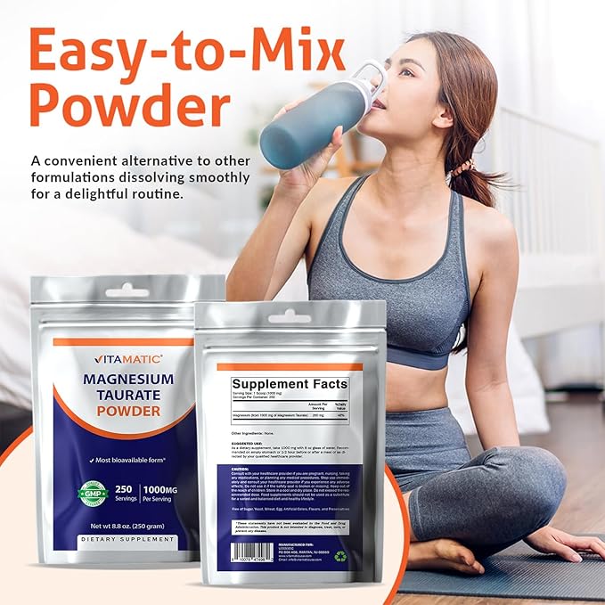 Vitamatic Magnesium Taurate 1000mg per Serving Supports Muscle, Joint, and Heart Health 250 Grams - 250 Servings