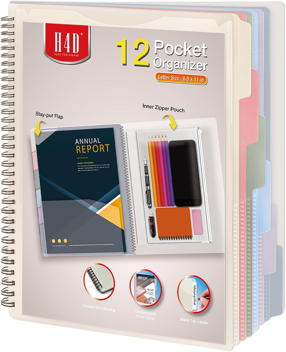 H4D 12 Pocket Poly Project Organizer, Spiral Multi Pocket Folder Organizer, Multi-Subject Folder Notebook, Letter Size