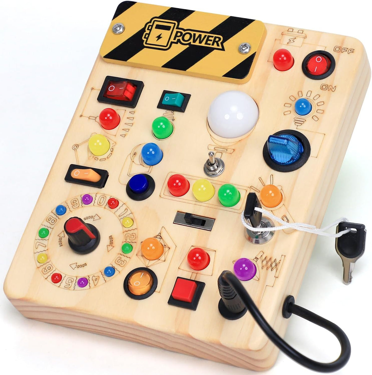 Busy Board for Toddlers with LED Light Switches, 13 Unique Switches, 24 LED Lights, Montessori Toy for 1-3 Years Old