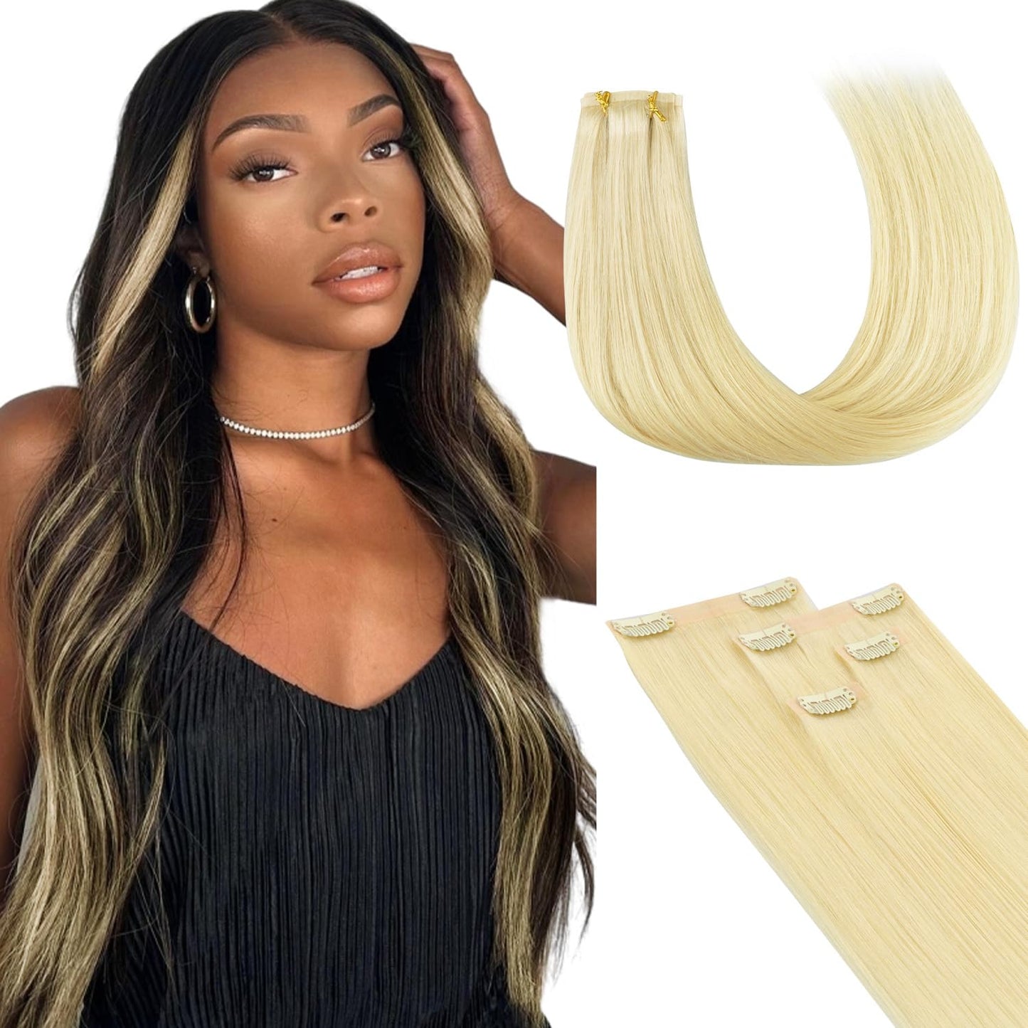 Lashey #613 Blonde Hair Extensions 4Pcs 50G Straight Hair Extensions Real Human Hair 22 Inch Invisi Edge Seamless Clip In Hair E