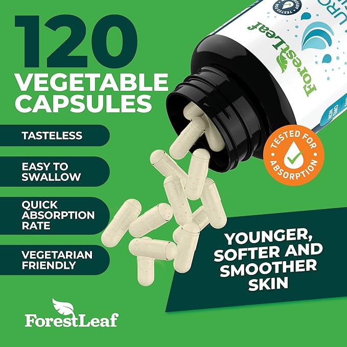 ForestLeaf Hyaluronic Acid Supplements | 100mg High Bioavailable Dietary Hyaluronic Acid Capsules, Pills + 50mg VIT C | Supports Skin Hydration, Joint Lubrication, Anti-Aging, Hair & Nails | 120 Caps