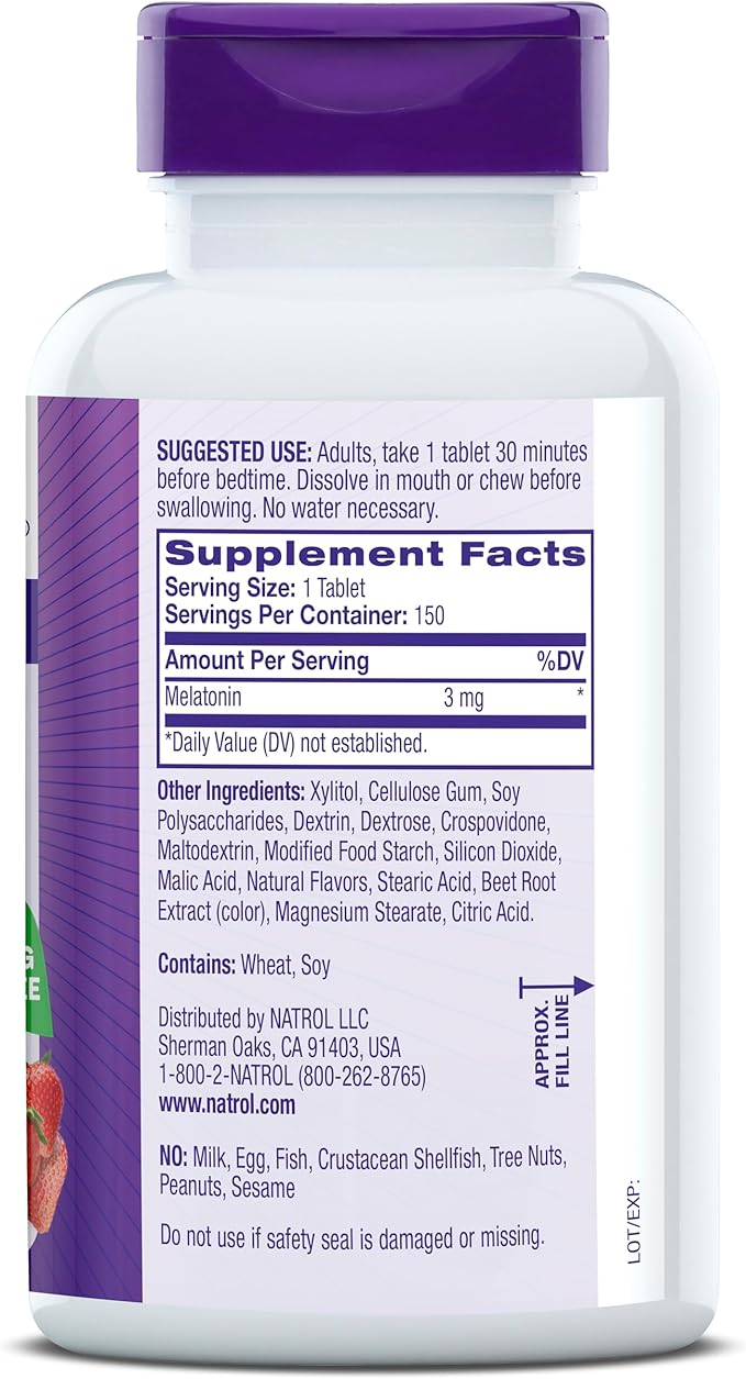Natrol Melatonin 3mg, Strawberry-Flavored Dietary Supplement for Restful Sleep, 150 Fast-Dissolve Tablets, 150 Day Supply (Pack of 12)