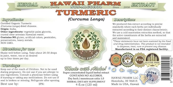 Hawaii Pharm Turmeric Alcohol-Free Liquid Extract, Organic Turmeric (Curcuma Longa) Dried Rhizome Glycerite Natural Herbal Supplement, USA 4 fl.oz