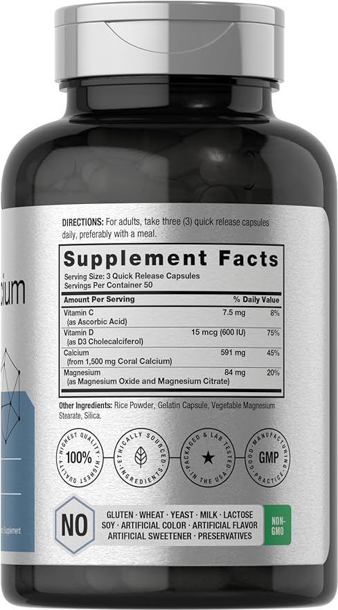 Horbäach Coral Calcium 1500mg Capsules | 150 Count | Plus Magnesium | Non-GMO & Gluten Free Supplement