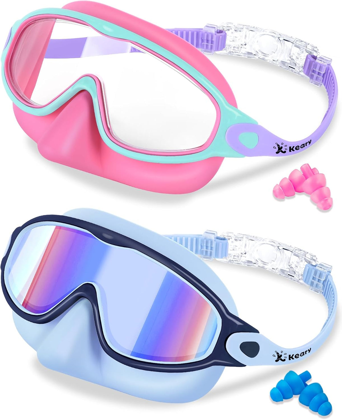 Keary 2 Pack Kids Swim Goggles with Nose Cover for 3-12 Anti-UV Anti-Fog Pool Water Swimming Goggles Boys Girls Youth Toddler