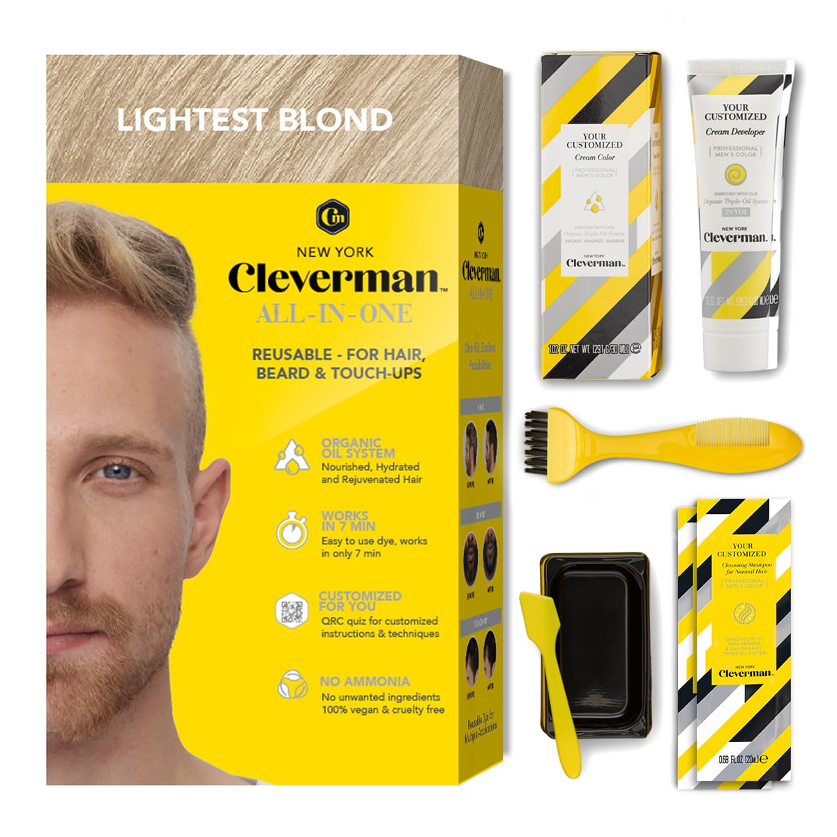 Cleverman Lightest Blond Hair & Beard Dye For Men, All-In-One Reusable Kit - Men'S Color For Natural-Looking Gray Coverage, Prof