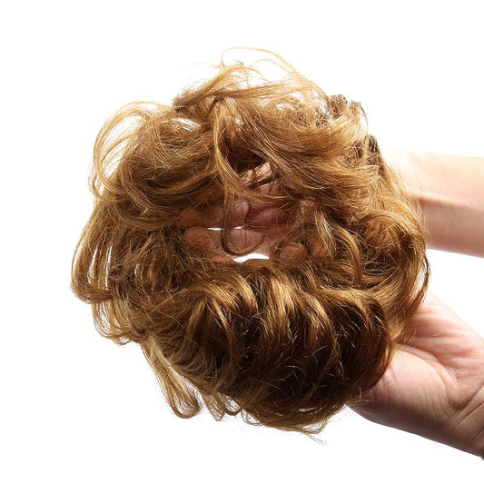 Bella Hair 100% Human Hair Scrunchies For Women Messy Bun Hair Piece Wavy/Curly Up-Do Ponytail Extension (#30 Medium Auburn/Red
