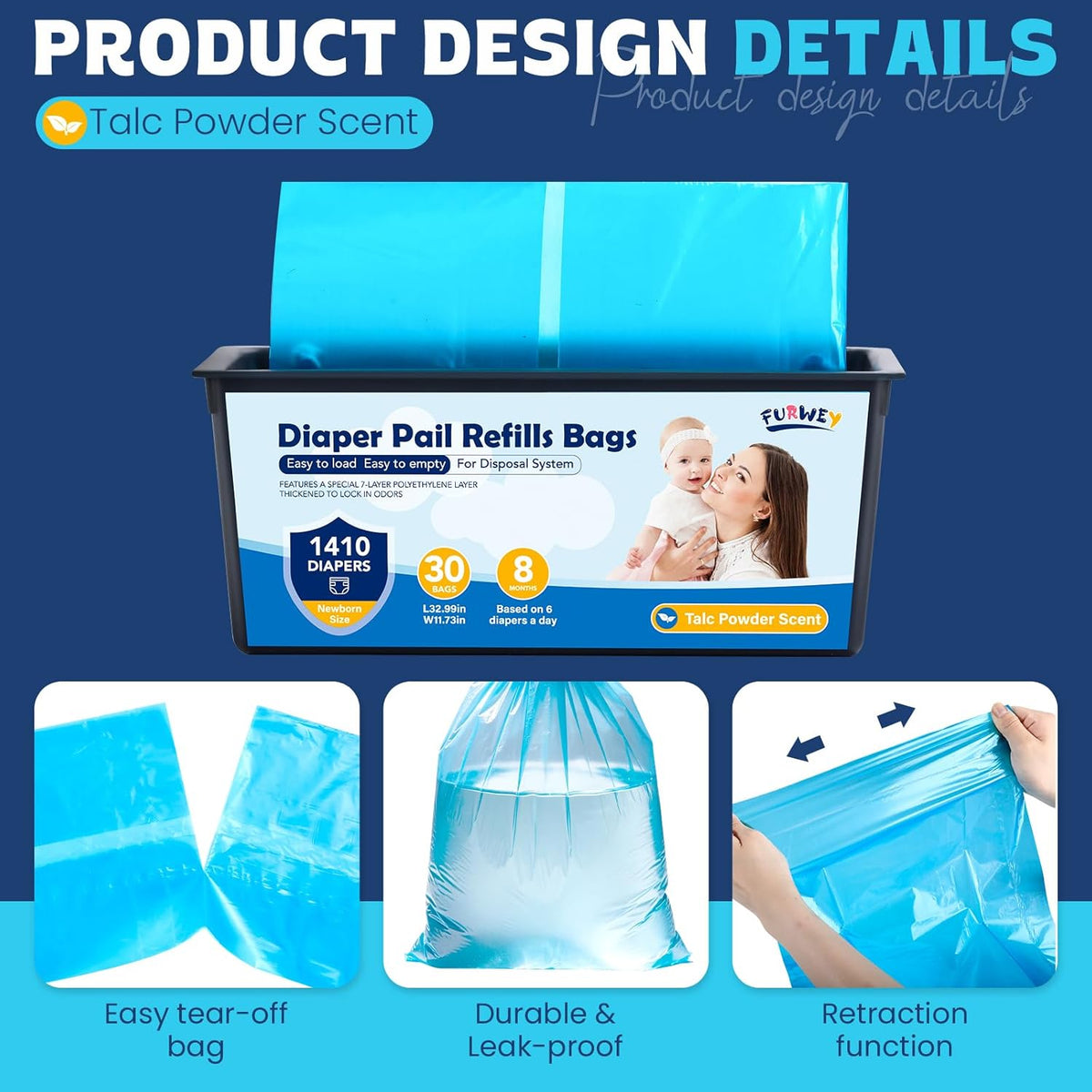 FURWEY Diaper Pail Refill Bags, 2-Pack (60 Bags), 30 Bags Per Refill | Compatible with Genie Easy Roll Signature Diaper Pails, Holds Up to 4230 Newborn Diapers, 7 Layer Odor Barrier, Scented