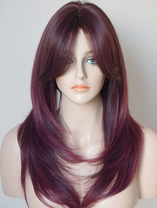Long Layered Shoulder Length Purple Red Wig Synthetic Hair Fiber Highlight Multicolor Wigs For White Women (Purple Red Mixed)