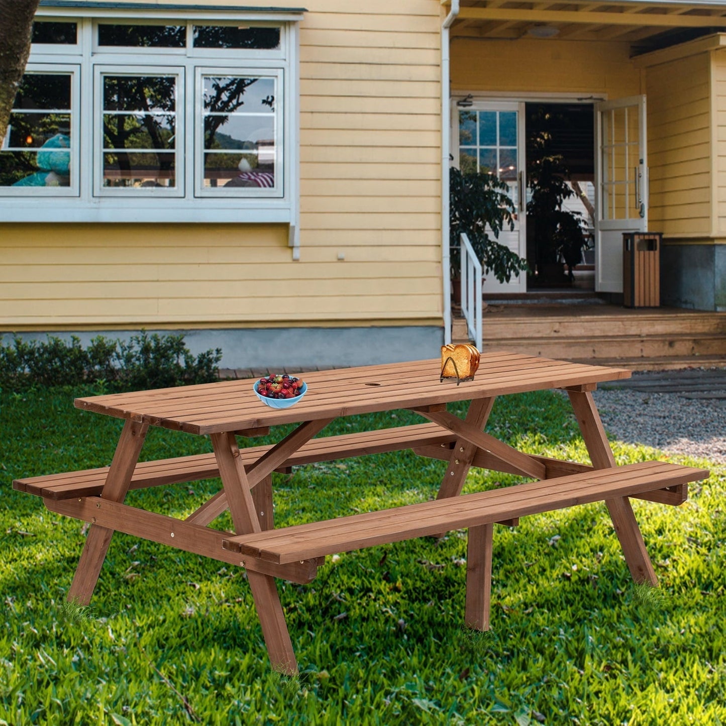75 Inch Picnic Table, 8-Person Wooden Picnic Table with 2 Built-In Benches, Outdoor Camping Dining Table for Backyard, Garden, Patio, DIY Assembly, 2220 lbs Capacity, Brown