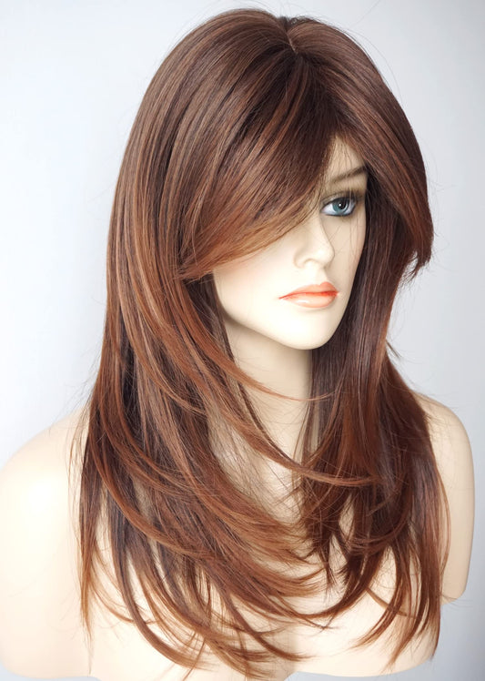 Long Layered Shoulder Length Wig Cowboy Copper Hair Brown Ombre Synthetic Hair Fiber Highlight Multicolor Wigs For White Women (