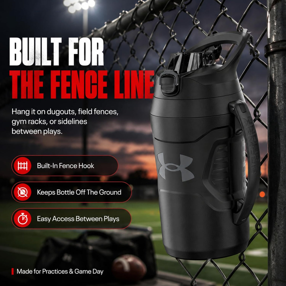 Under Armour Insulated Water Bottle with Handle & Fence Hook, Half Gallon Sports Water Jug, Leak-Resistant & BPA-Free for Baseball, Football & Gym - Black/Black, 64oz