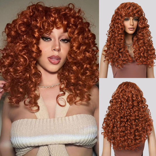 Lonai Copper Red Curly Wig Long Curly Wigs With Bangs For Women Wig006 Synthetic Hair Wig Vintage Hairstyle For Daily Use Party