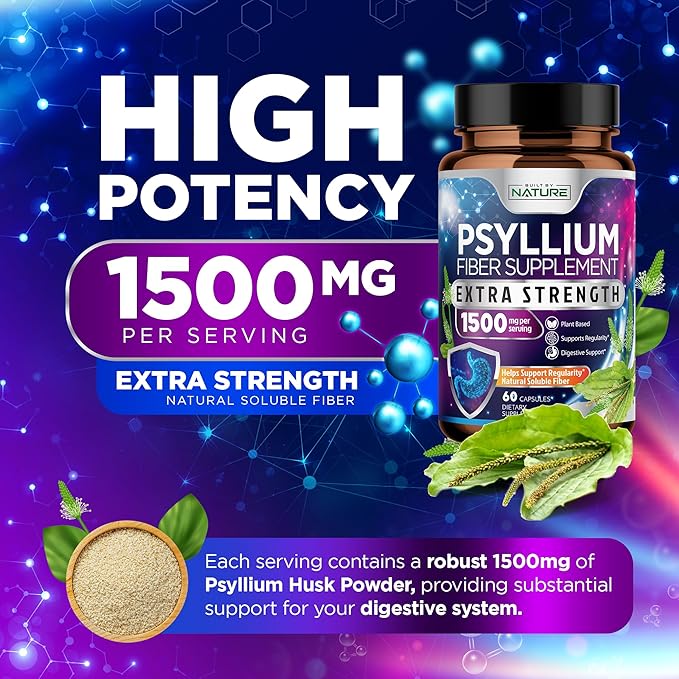 Psyllium Husk Capsules 1500mg - Fiber Supplement - Natural Soluble Fiber Pills with Psyllium Husk Powder - Supports Digestive Gut and Colon Health - Non-GMO, Gluten-Free, Vegan - 60 Capsules