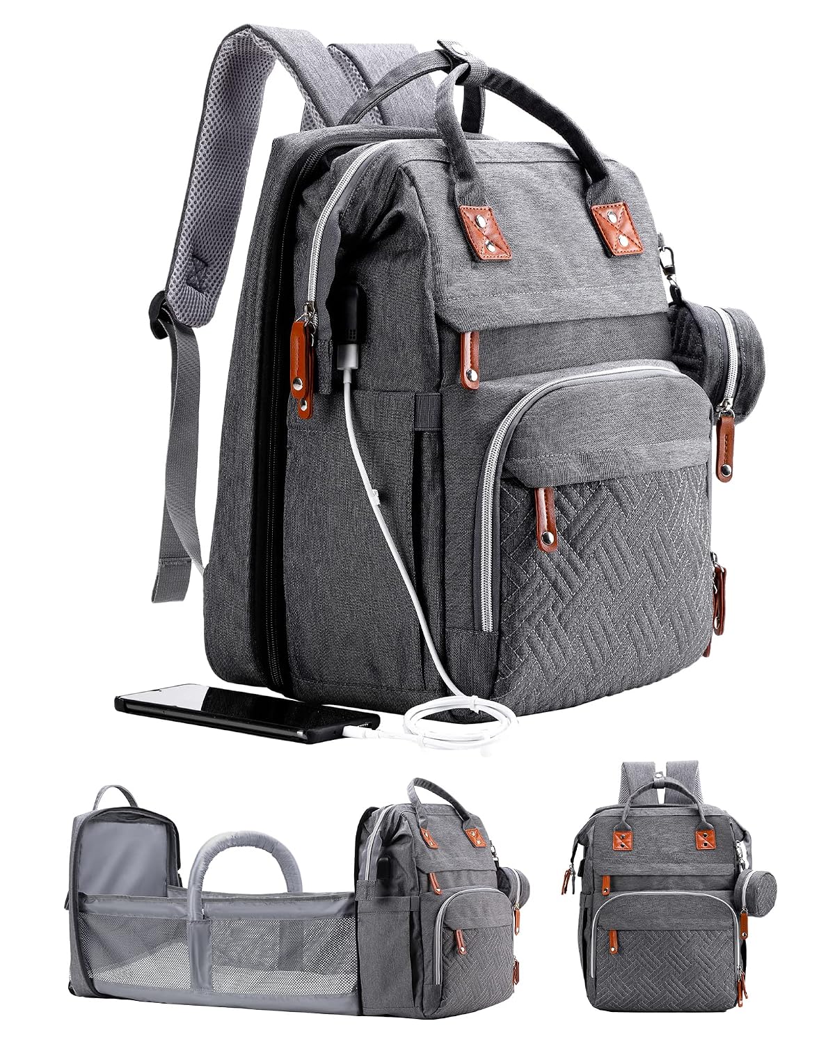 ISMGN Diaper Bag Backpack with Changing Station, Baby Bag for Mom, Grey | Baby Diaper Bag, Large Diaper Bag Backpack, Baby Bags for Boys Girls, Mens Diaper Bag, Diaper Backpack for Women