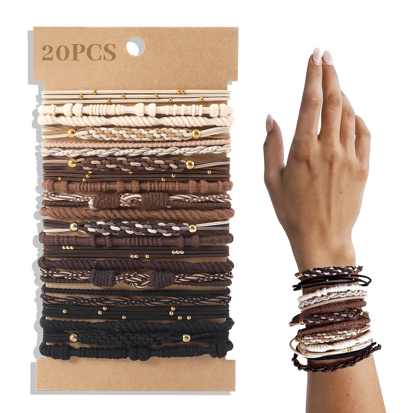 20 Pcs Boho Hair Ties, Nuetral Color Bracelets Hair Ties For Thick Or Thin Hair, 5 Styles Boho Ties For Ponytail Holders, 2.36 H