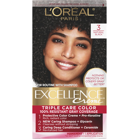 L'Oreal Paris Excellence Creme Permanent Triple Care Hair Color, 3 Natural Black, Gray Coverage For Up To 8 Weeks, All Hair Type
