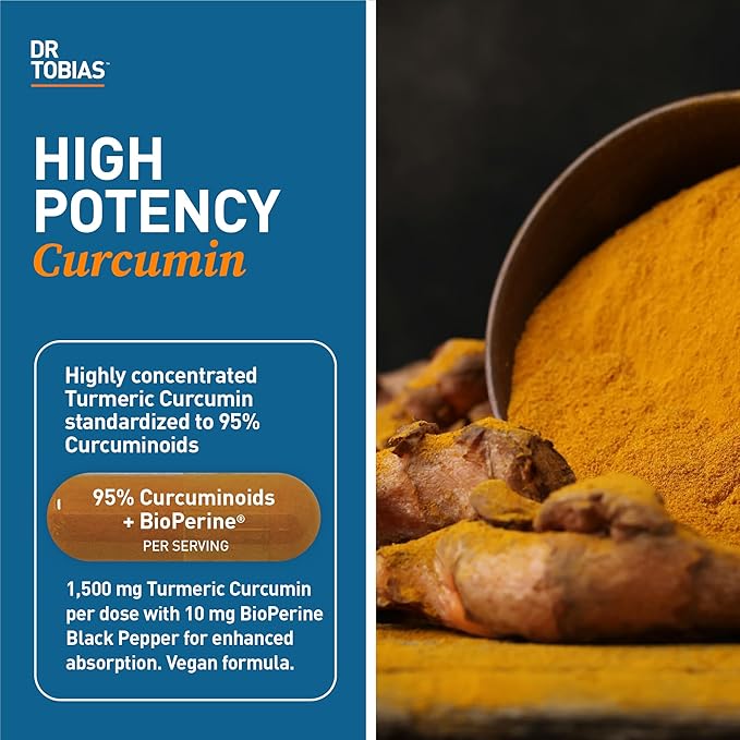Dr. Tobias Turmeric Curcumin 1500mg with BioPerine – Extra Strength Supplement with 95% Curcuminoids for Joint Support, Overall Vitality & Immune Health, 120 Vegan Capsules, Non-GMO