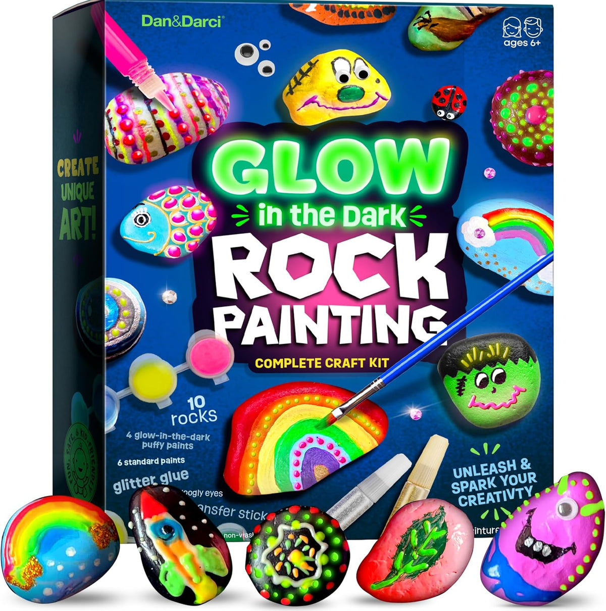 Dan&Darci kids' rock painting kit with glow-in-the-dark paints for creative art toys, ages 6-12.