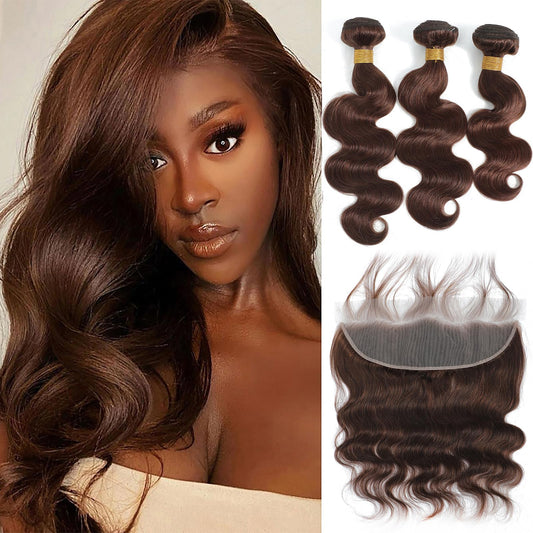 Kapelli Hair Brazilian Body Wave Bundles With Lace Frontal (14 16 18+12Frontal) 10A Light Brown Body Wave Human Hair Bundles Wit