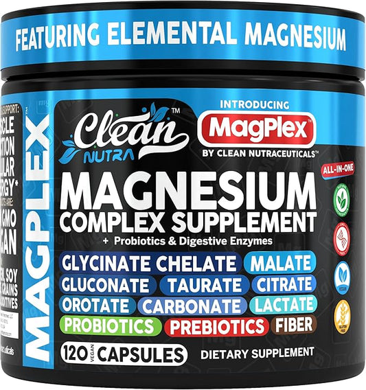 8in1 Magnesium Supplement Complex | Magnesium Glycinate Citrate Malate Gluconate Orotate Carbonate Lactate + Prebiotics Probiotics Digestive Enzymes Magnesio Capsules for Women Men by Clean Nutra