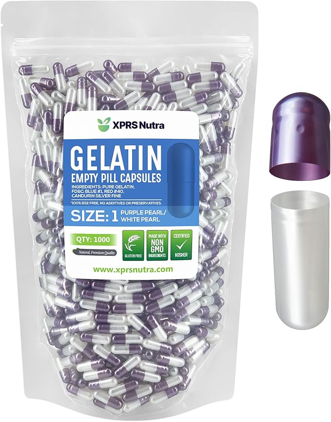 XPRS Nutra Size 1 Empty Capsules - 1000 Count Empty Gelatin Capsules - Pill DIY Capsule Filling - Pure Bovine Pill Gel Caps for Do-It-Yourself Supplements (Pearl Purple/White)