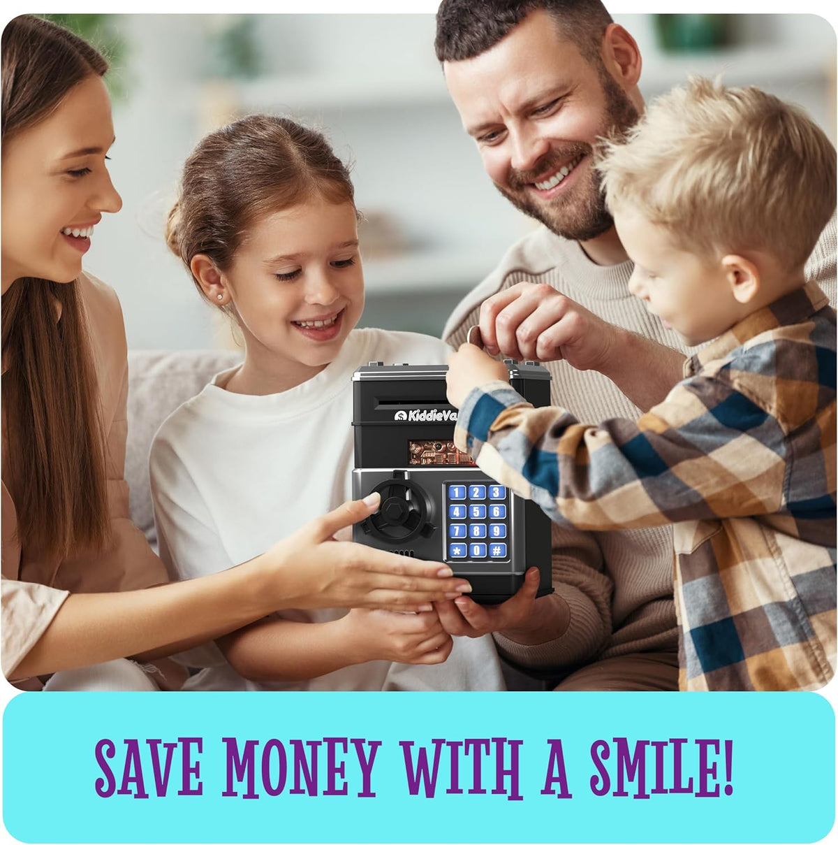 KiddieVault - Electronic Money Saving Box with Code, Automatic Bill Feeder, Lights & Sounds for Kids 3-12