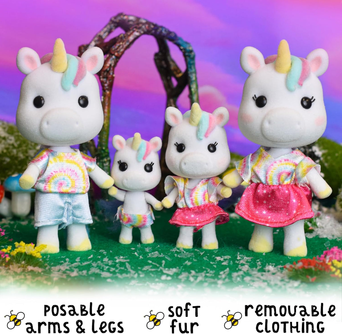 Sunny Days Entertainment Honey Bee Acres Rainbow Ridge Daydreamers Unicorn Family – 4 Miniature Flocked Dolls | Small Fantasy Collectible Figures | Pretend Play Toys for Kids