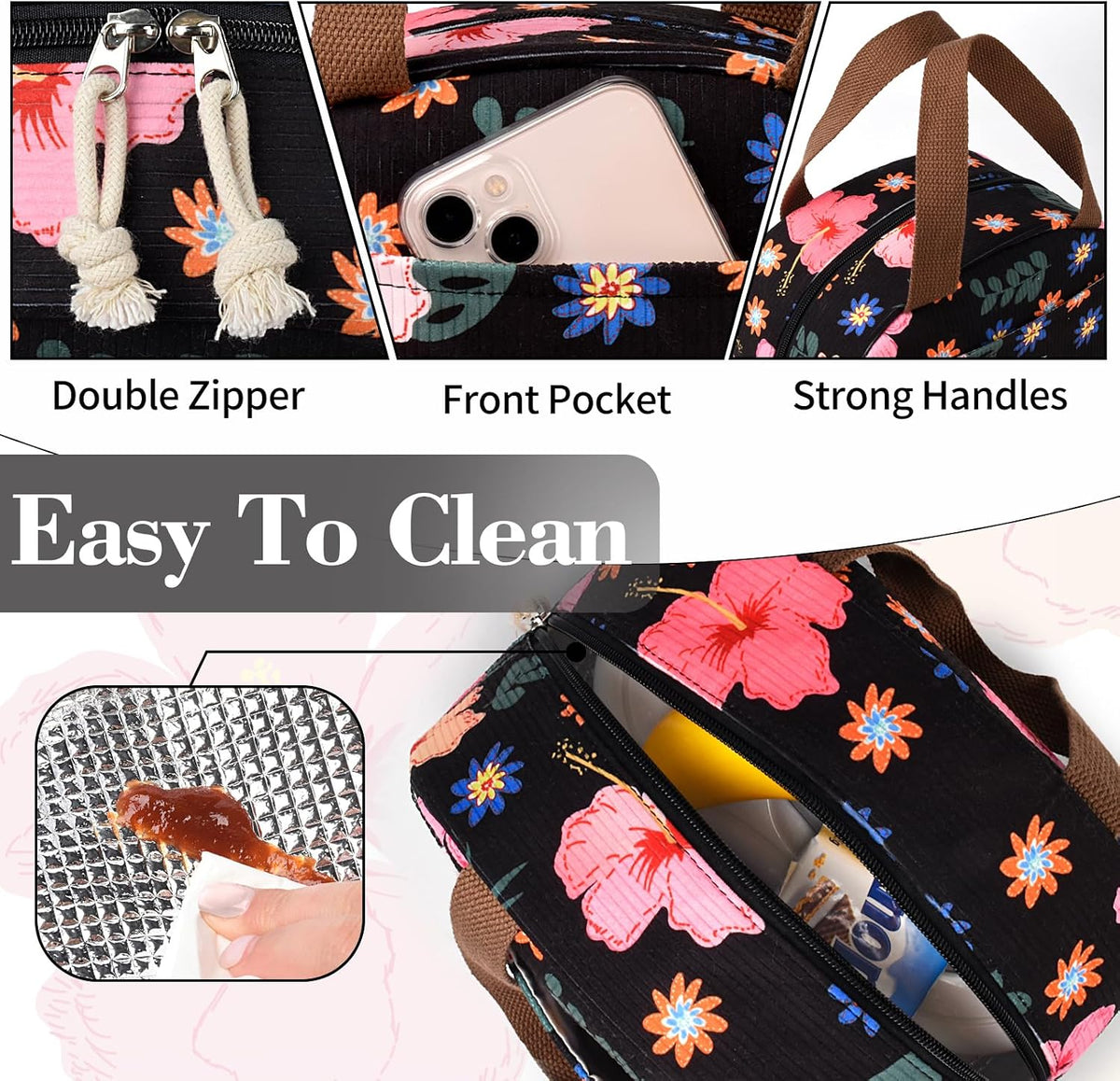 CaCTOUR Lunch Box for Women Girls Teens,Cute Lunch Box Cooler Bag, Portable Insulated Small Lunch Bag Women Reusable Corduroy Lunch Tote for Work/Travel/Picnic/School (Flower)