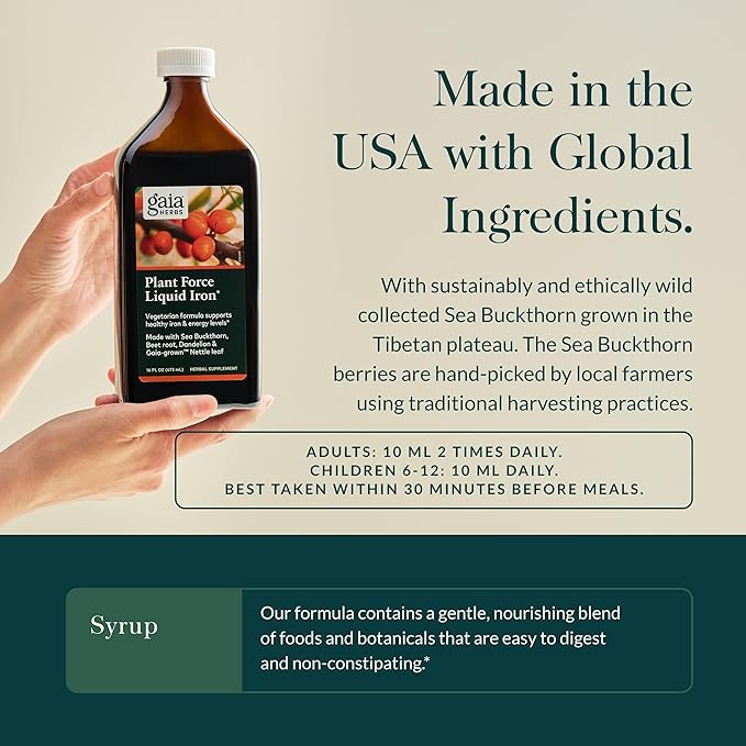 Gaia Herbs Plant Force Liquid Iron - Vegetarian Iron Supplement to Help Maintain Healthy Iron & Energy Levels - with Star Anise, Sea Buckthorn, Beet Root, Dandelion & Nettle - 16 Fl Oz (47 Servings)