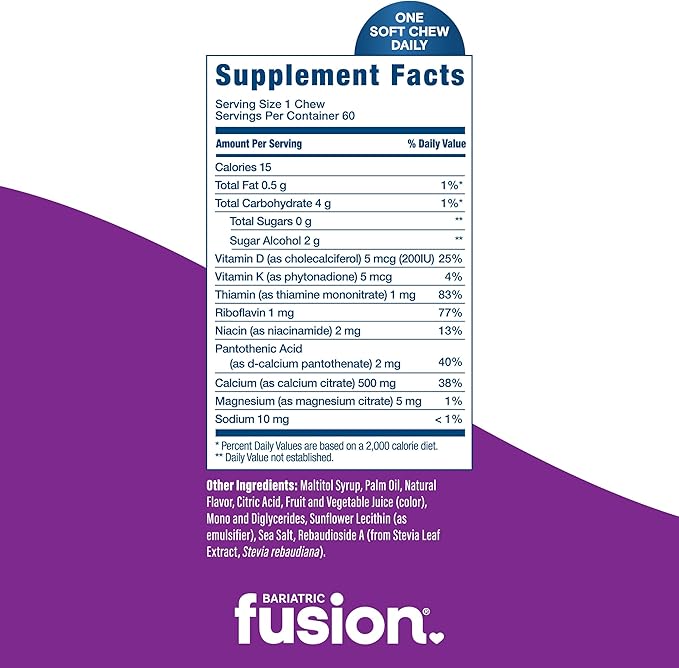 Bariatric Fusion Bariatric Calcium Chews | Calcium Citrate with Vitamin D3 Calcium Supplement Bariatric Vitamin | Sugar Free Calcium Citrate Chewable | Calcium Citrate 500mg | Cran Grape | 60 Count