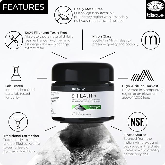 Blisque - Pure Himalayan Organic Shilajit Resin Supplement | with Organic Ashwagandha and Moringa | Authentic and Natural | Golden Grade A | Contains Fulvic Acid and Trace Minerals | 60 Grams