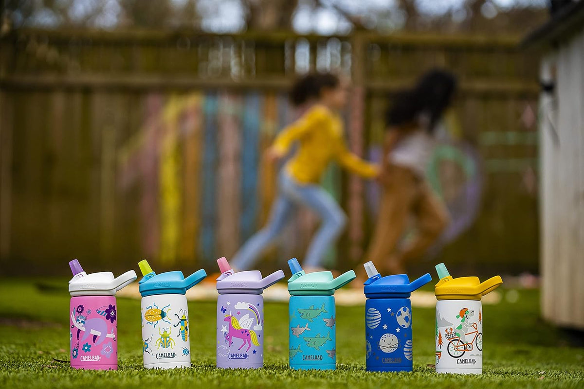 CamelBak Eddy+ Kids Insulated Stainless Steel Water Bottle with Bite Valve Straw, Leak‑Resistant Design for Everyday Hydration, 12oz, Biking Dogs