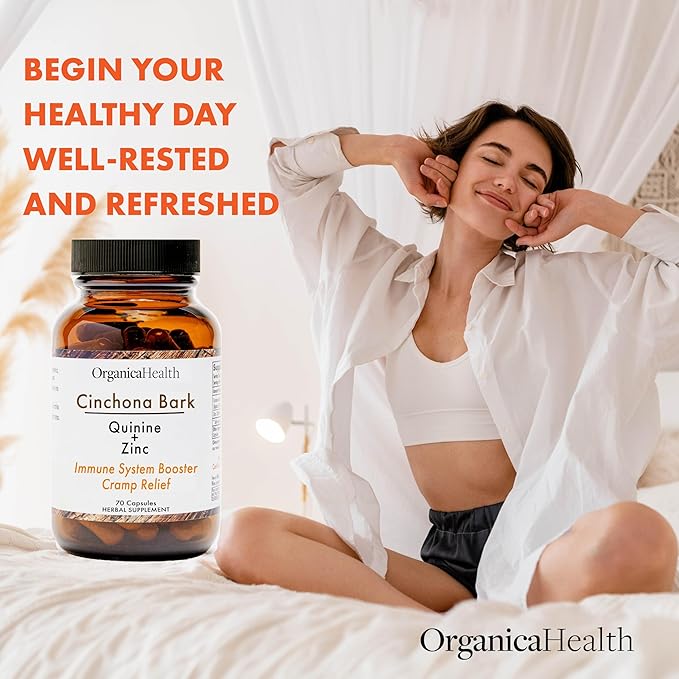Quinine for Leg Cramps Defense, Restless Legs Relief - Organic Quinine with Zinc 50mg - Cinchona Bark Herbal Supplement for Muscle Cramp, Immune and Digestive - 70 Vegan Capsules - Organica Health