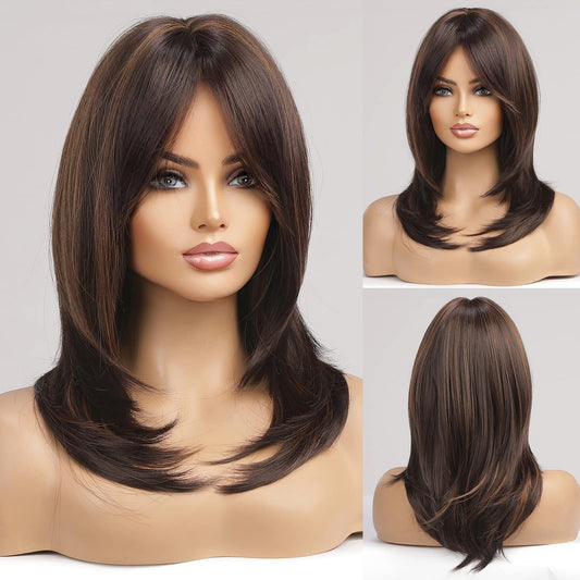 Alanhair Brown With Blonde Highlight Wigs For Women,Shoulder-Length Wig With Bangs Synthetic Hair Layered Wigs Heat Resistant Fi