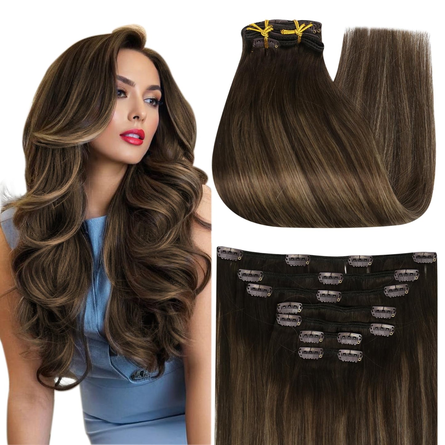 Full Shine Thick Clip In Hair Extensions Real Human Hair Balayage Dark Brown Real Hair Extensions Clip In Human Hair Double Weft