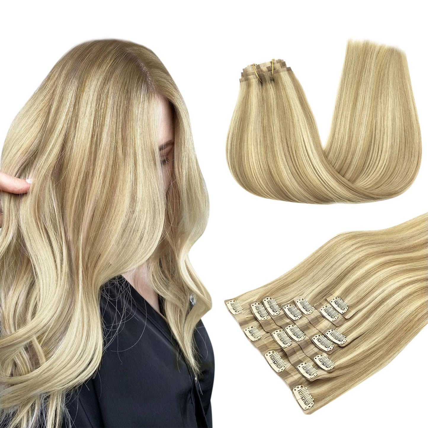 Human Hair Extensions Clip In, Light Blonde Highlighted Golden Blonde 7Pcs 110G 22 Inch, Maxita Clip In Hair Extensions Real Hum