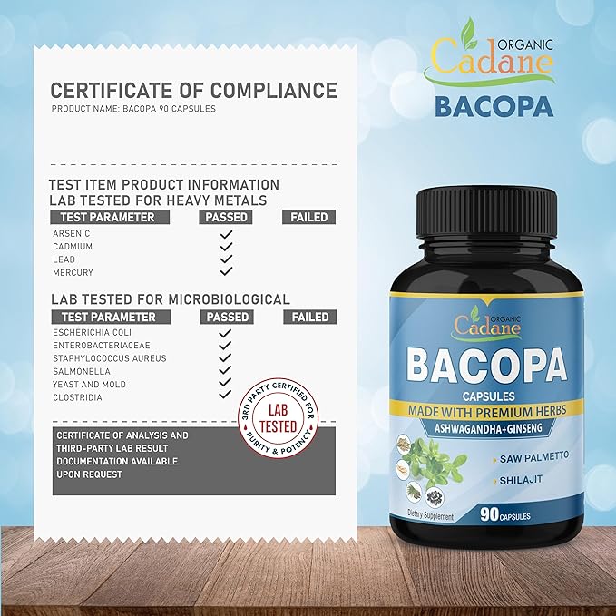 Organic Cadane Bacopa Monnieri Supplement - Blended with Ashwgandha, Ginseng, Saw Palmetto, Shilajit - 90 Capsules for 3 Month Supply