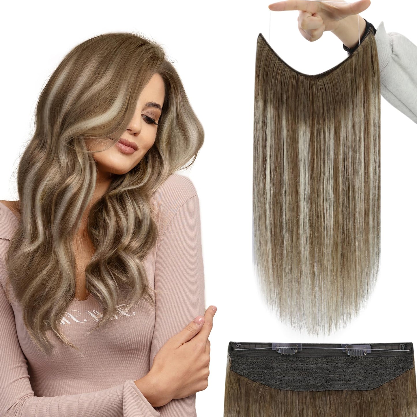Fshine Invisible Wire Hair Extensions Brown Ombre Clip In Hair Extensions Real Human Hair 18Inch Chestnut Brown Balayage Platinu